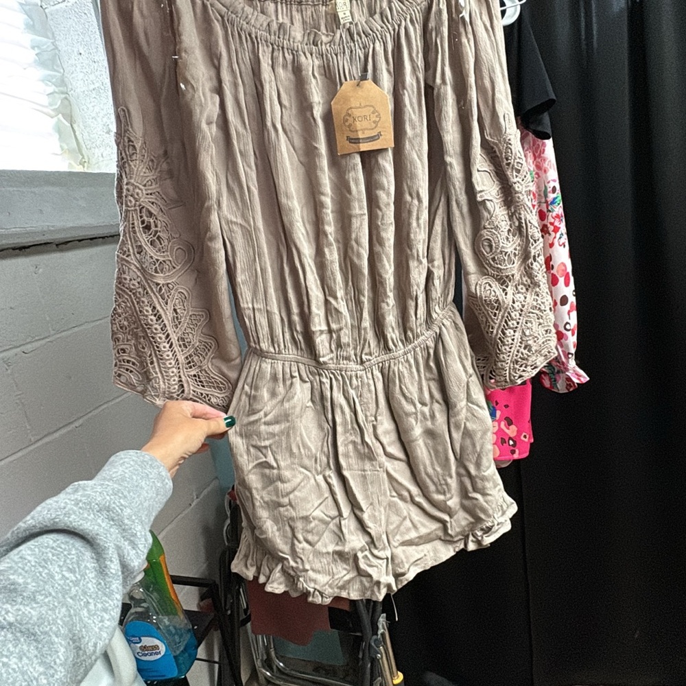Kori Taupe Crochet Sleeve Romper